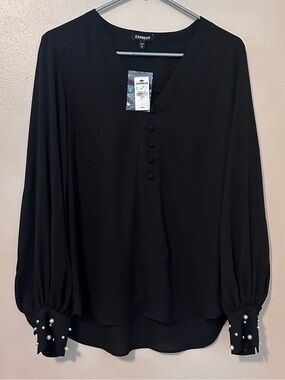Express Black Pearl-Cuff V-Neck Blouse